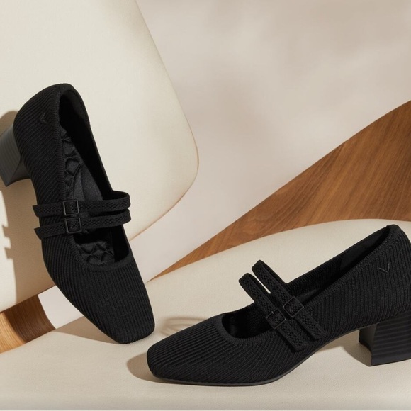 Vivaia black knit double strap old money Mary Jane heels 8 - Picture 2 of 3